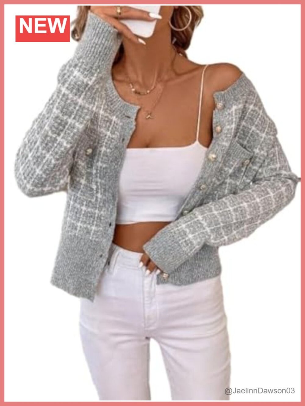Womens Tweed Plaid Knit Cardigan Button Front Crew Neck Long Sleeve